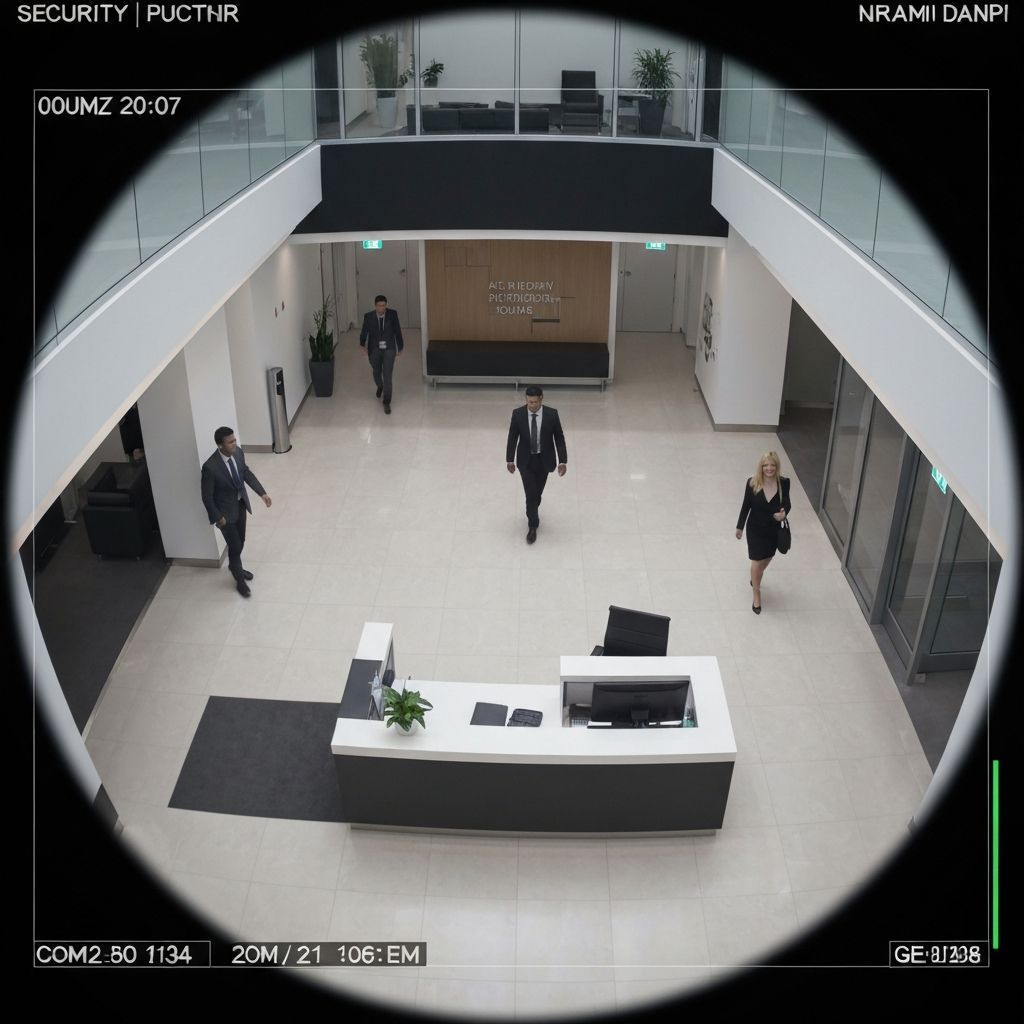 Security camera monitoring view of business interior